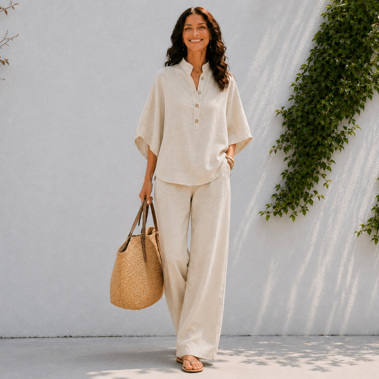 Conjunto de dos piezas para mujer - camisa abotonada y pantalón ancho casual