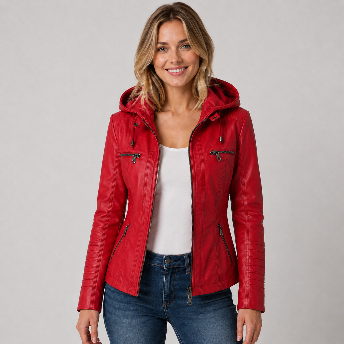 Dámská bunda s koženkovým efektem, odnímatelnou kapucí a zipem