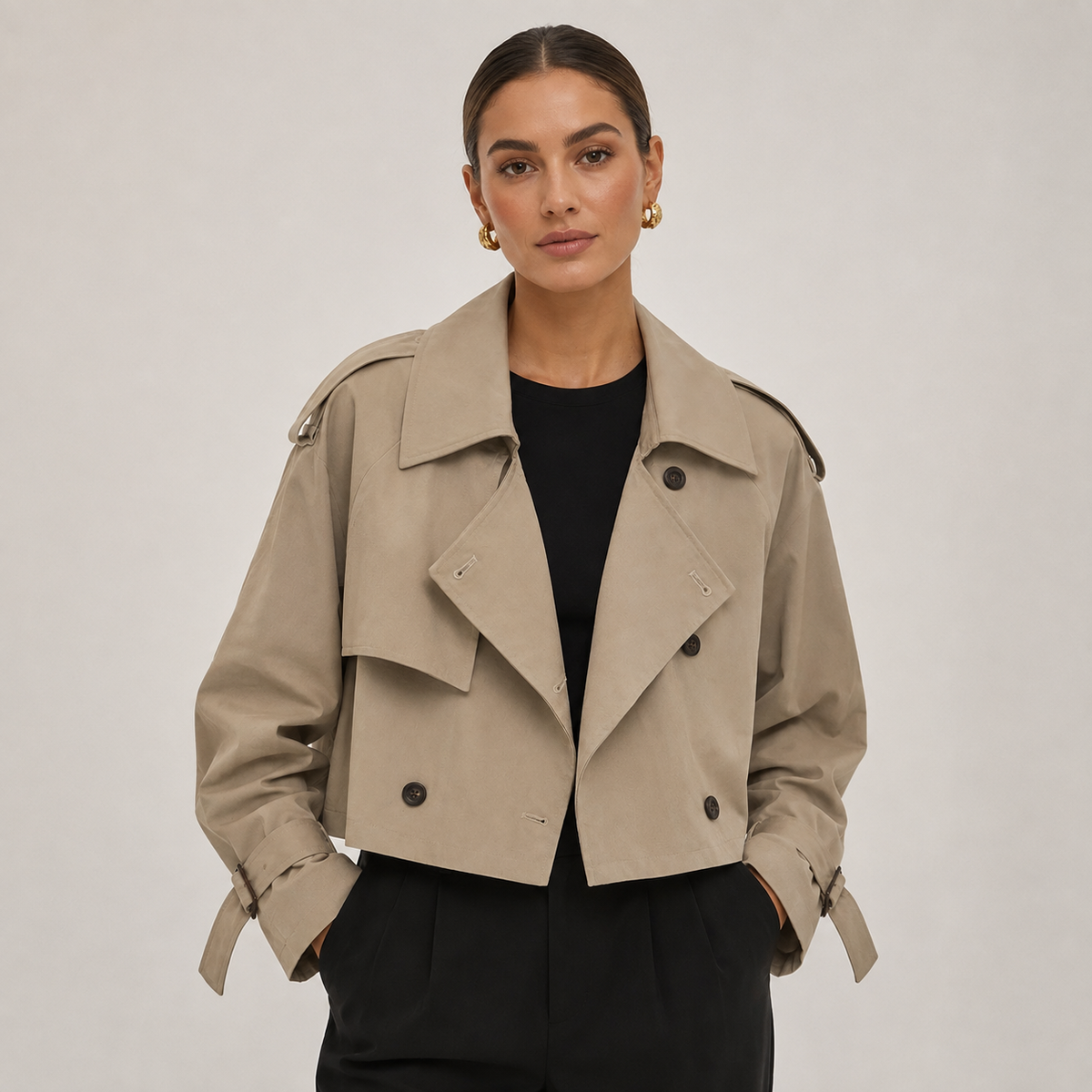 Trench Corto para Mujer con Cierre Cruzado y Solapas Anchas de Corte Oversize