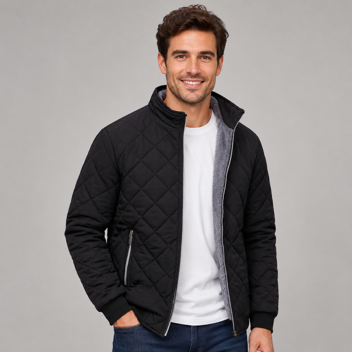 Chaqueta Acolchada de Poliéster para Hombre con Cuello Alto y Cremallera