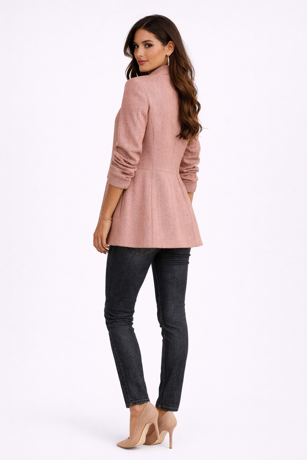 Blazer Largo Entallado con Estructura de Espiga y Solapas Muescadas para Mujer
