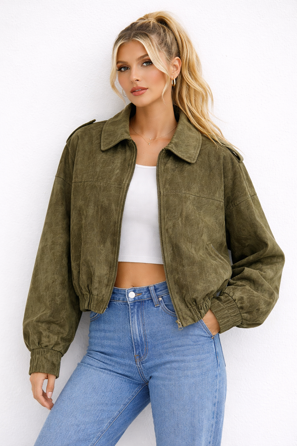Chaqueta de Antelina con Cremallera y Cuello Clásico con Ajuste Relajado para Mujer