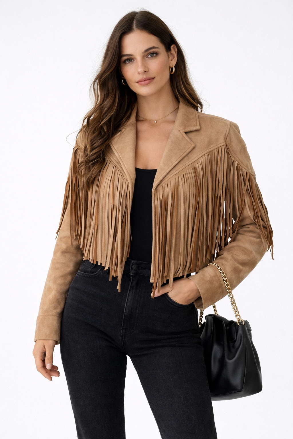 Chaqueta de Antelina con Flecos Estilo Western y Corte Cropped para Mujer