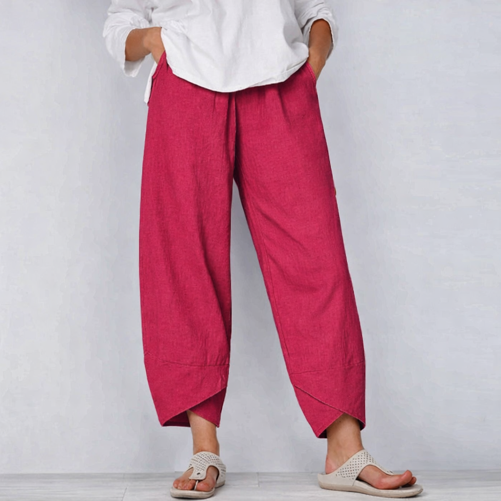 Pantalones de Lino de Pierna Ancha con Cintura Elástica y Dobladillo Cruzado