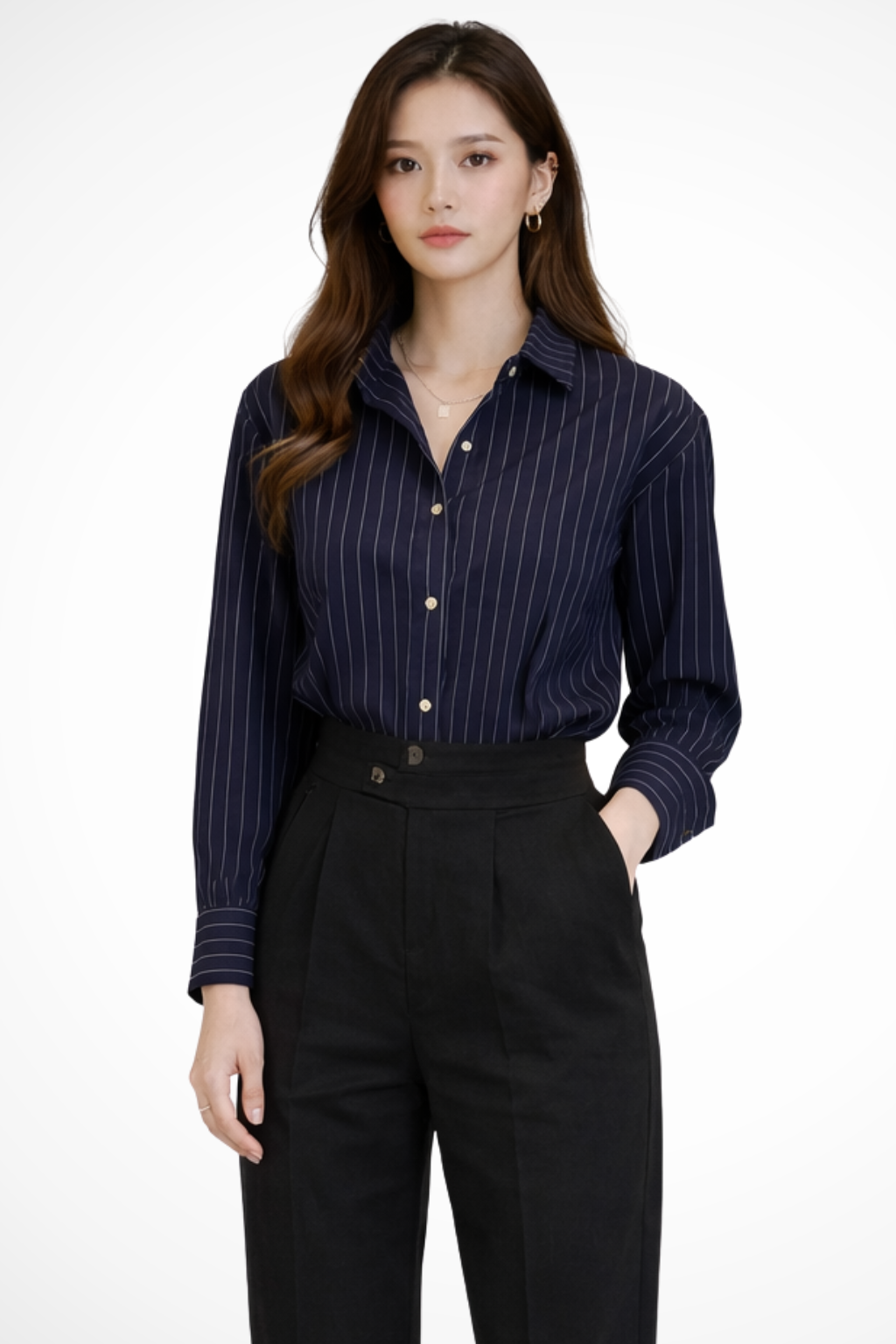 Camisa de Rayas para Mujer Manga Larga con Cuello de Solapa y Botones