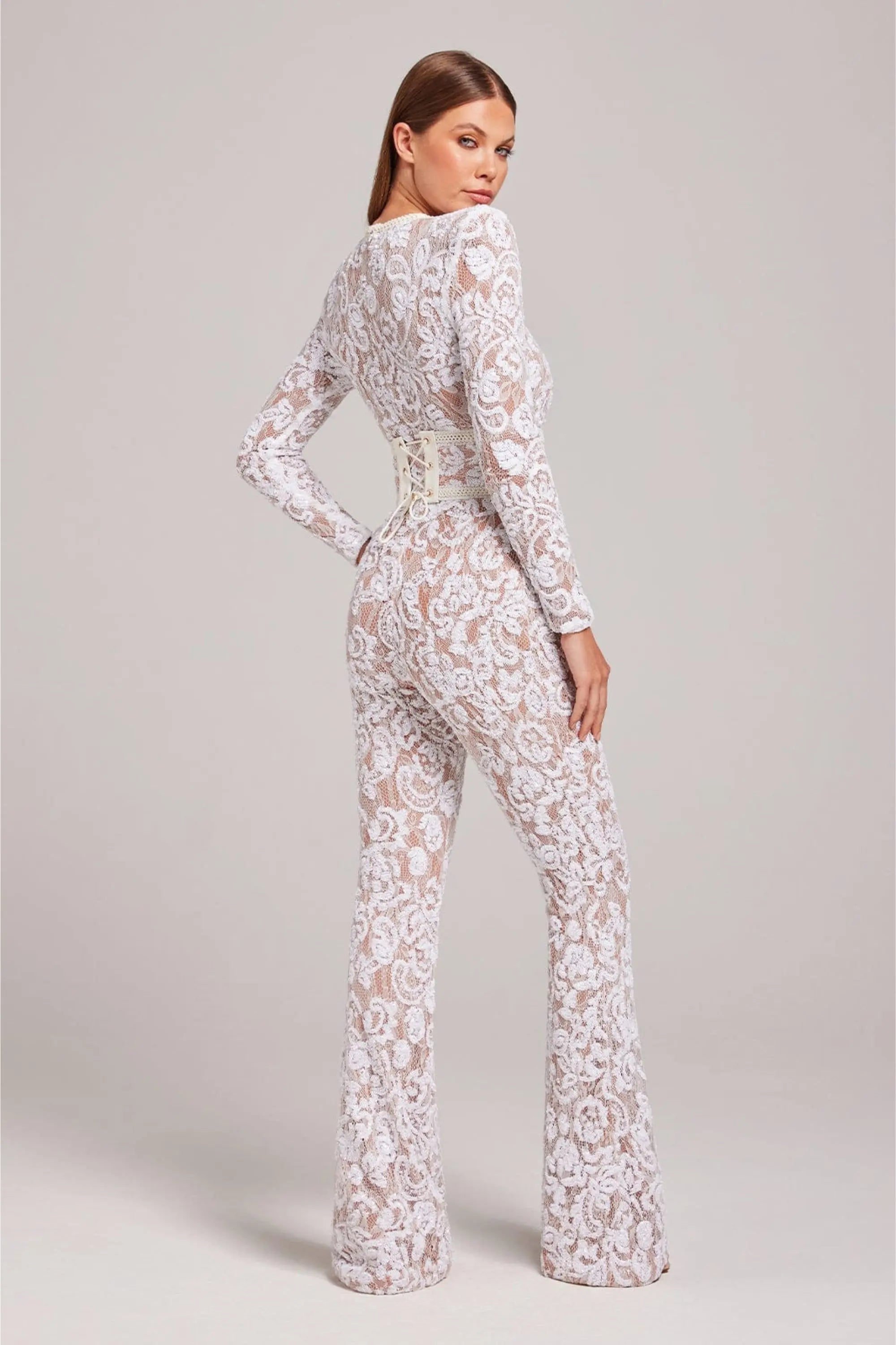 Mono de Encaje Floral para Mujer con Manga Larga y Cuello Redondo Entallado