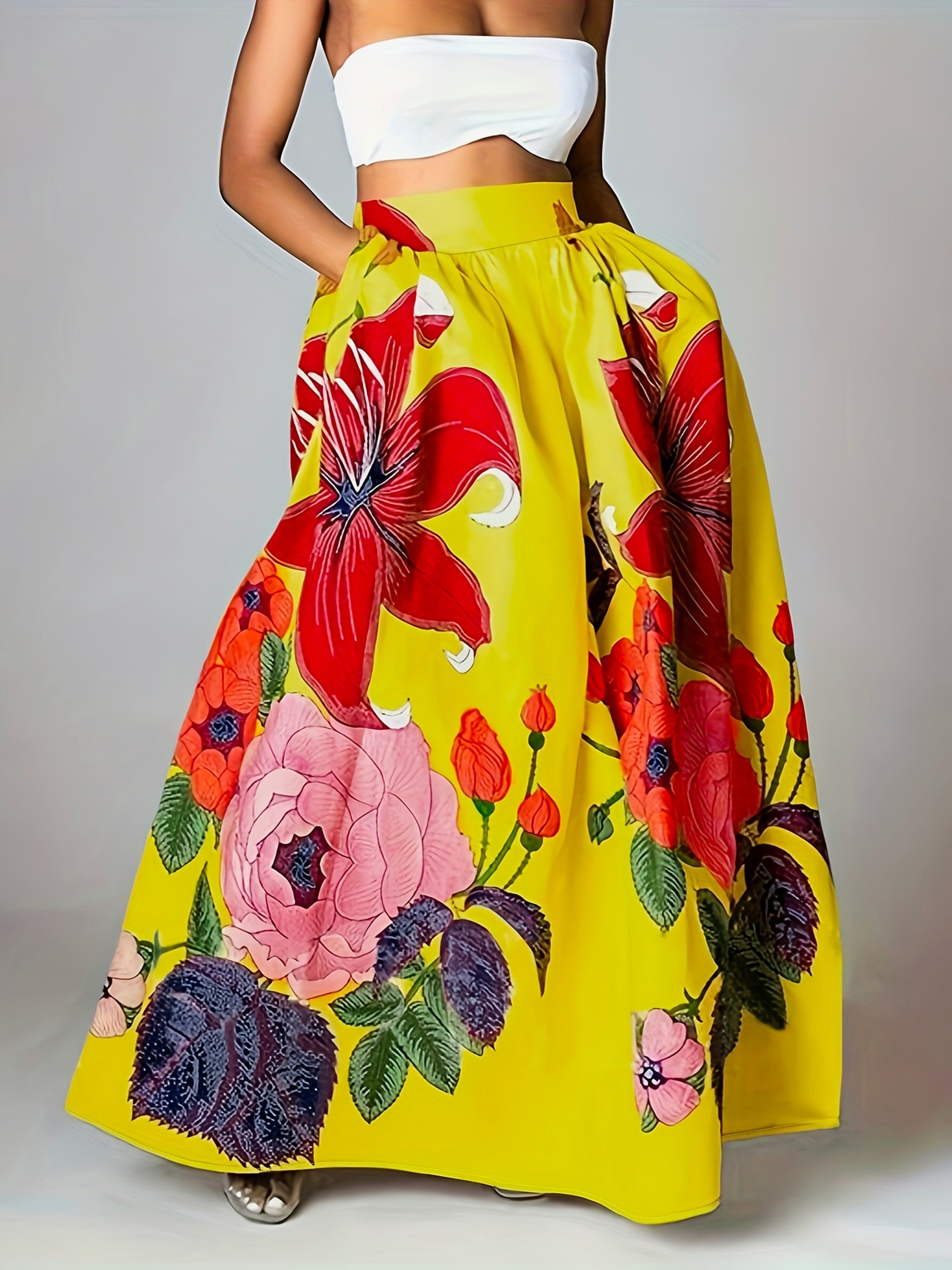 Falda maxi mujer algodón mezcla estampado flores cintura alta
