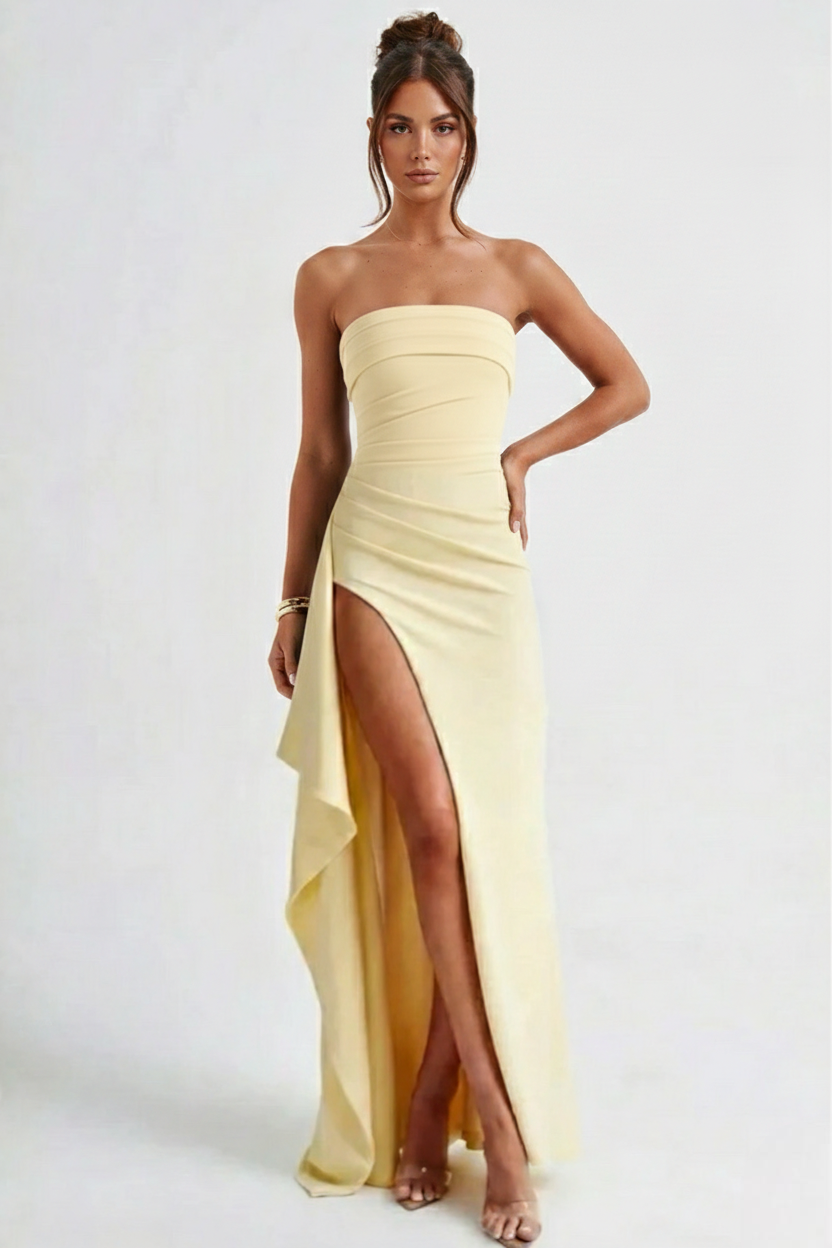 Vestido largo mujer — escote palabra de honor fruncido | gala y eventos