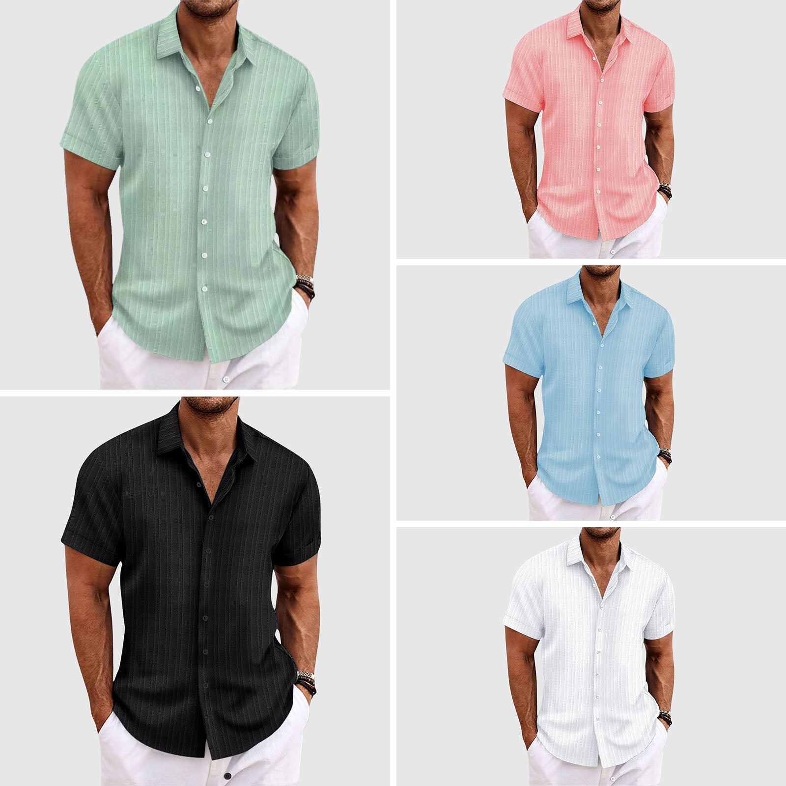 Camisa de Manga Corta para Hombre a Rayas Verticales con Cuello Clásico y Botones