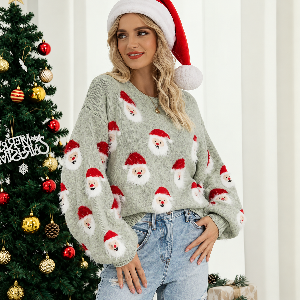 Pull femme à col rond avec motif tricoté intégral et coupe décontractée