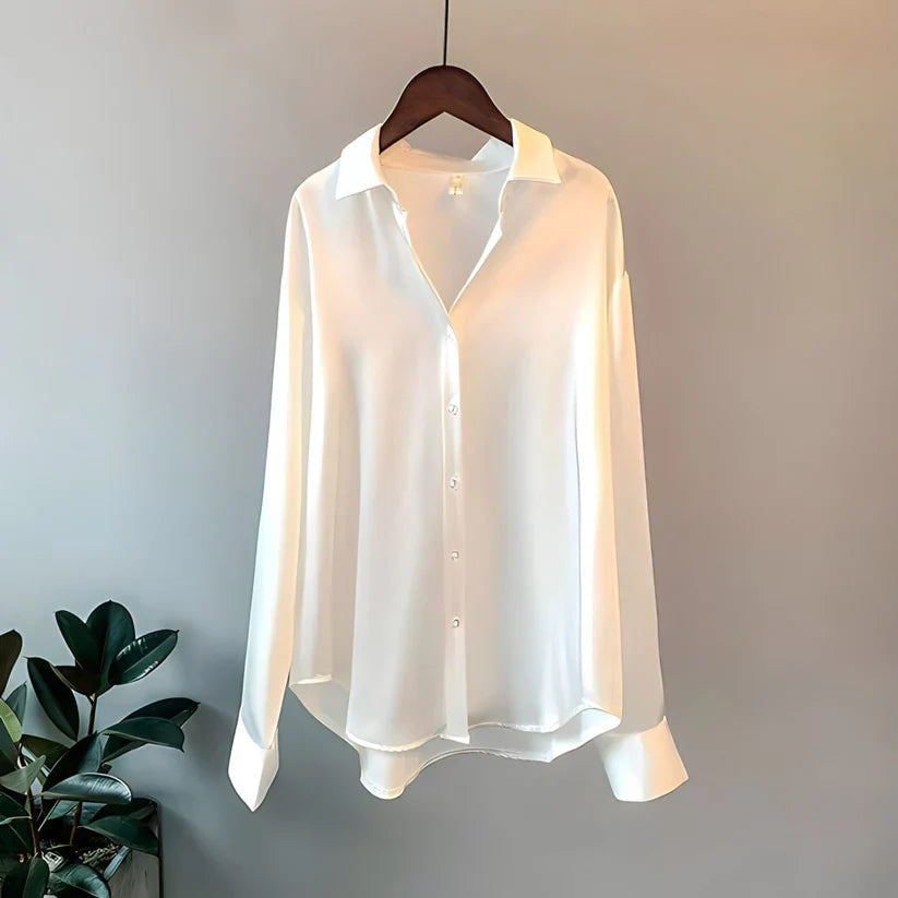 Blusa de Satén para Mujer de Manga Larga con Cuello de Solapa y Botones Frontales