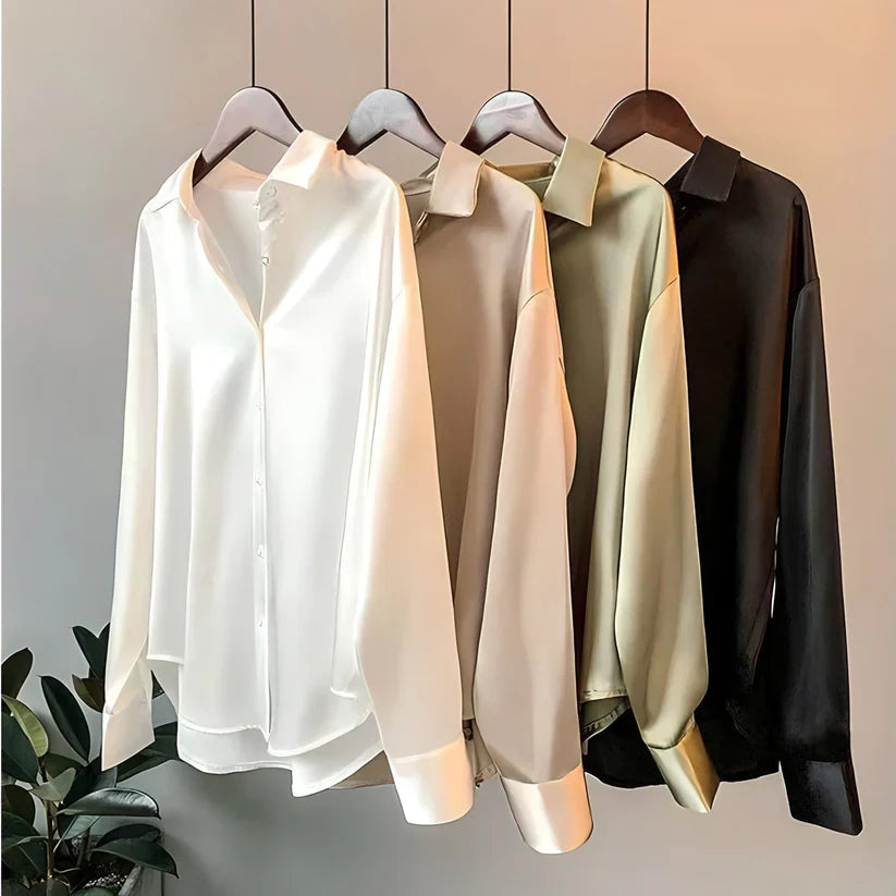 Blusa de Satén para Mujer de Manga Larga con Cuello de Solapa y Botones Frontales