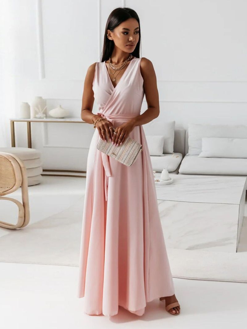 Vestido de Invitada de Boda con Escote en V y Falda Maxi Fluida para Mujer