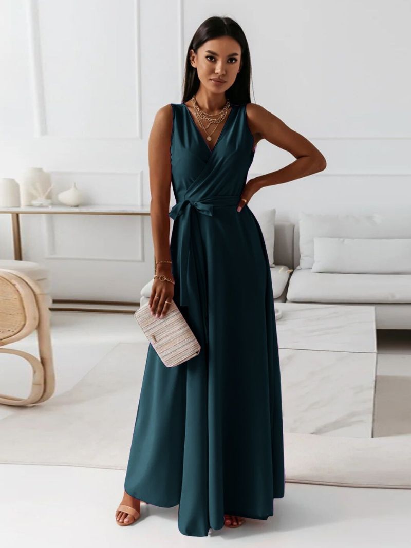 Vestido de Invitada de Boda con Escote en V y Falda Maxi Fluida para Mujer