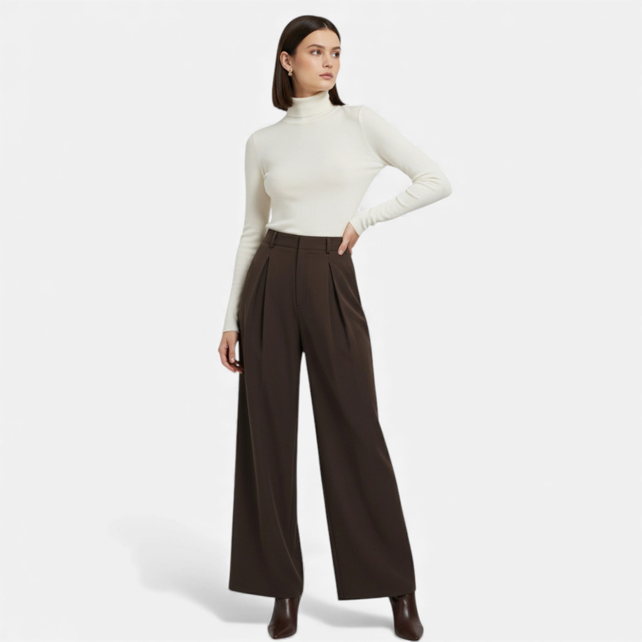 Pantalones de Pierna Ancha con Pinzas Jacquard y Cintura Alta para Mujer