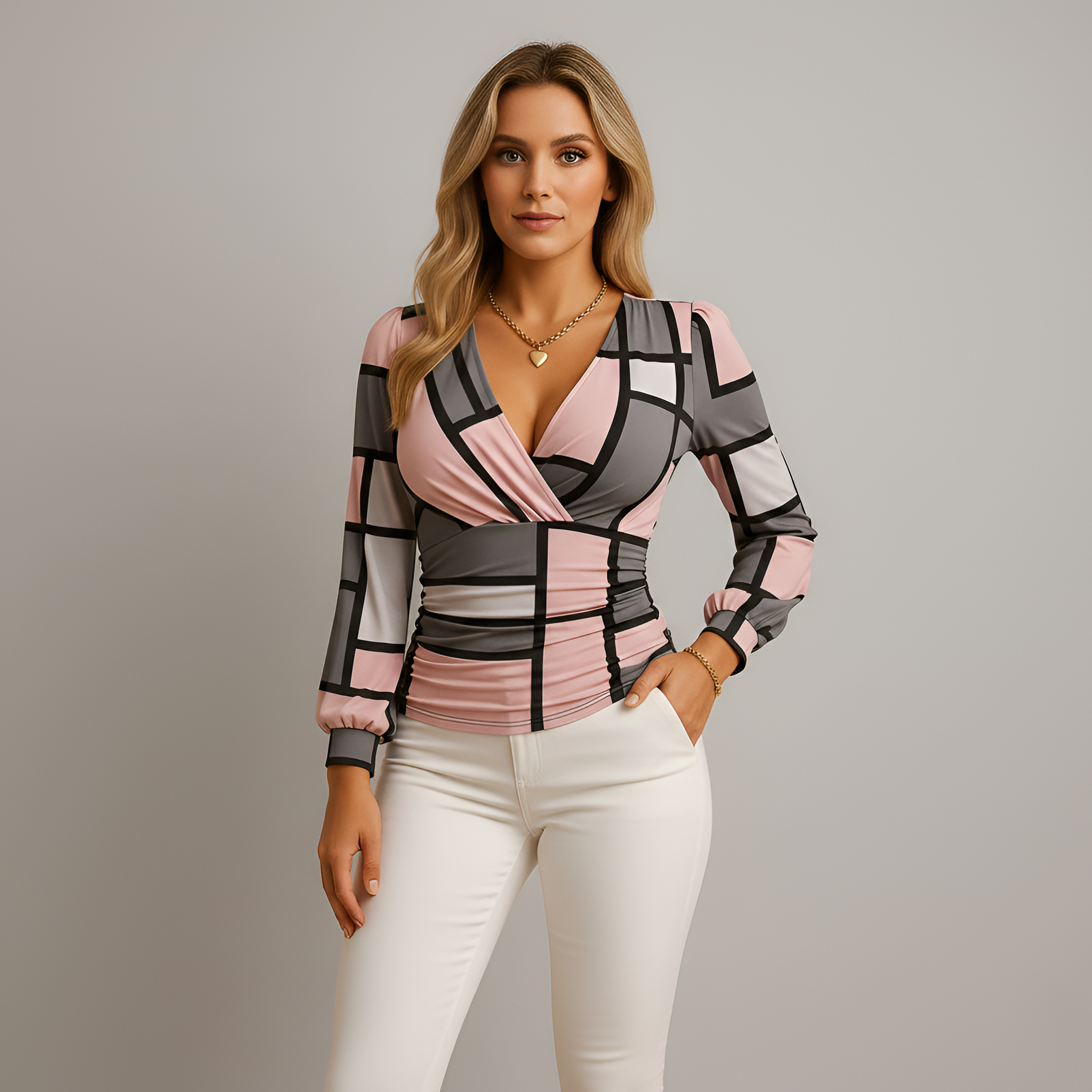 Blusa de Mujer con Escote en V Cruzado Mangas Largas y Ajuste Entallado