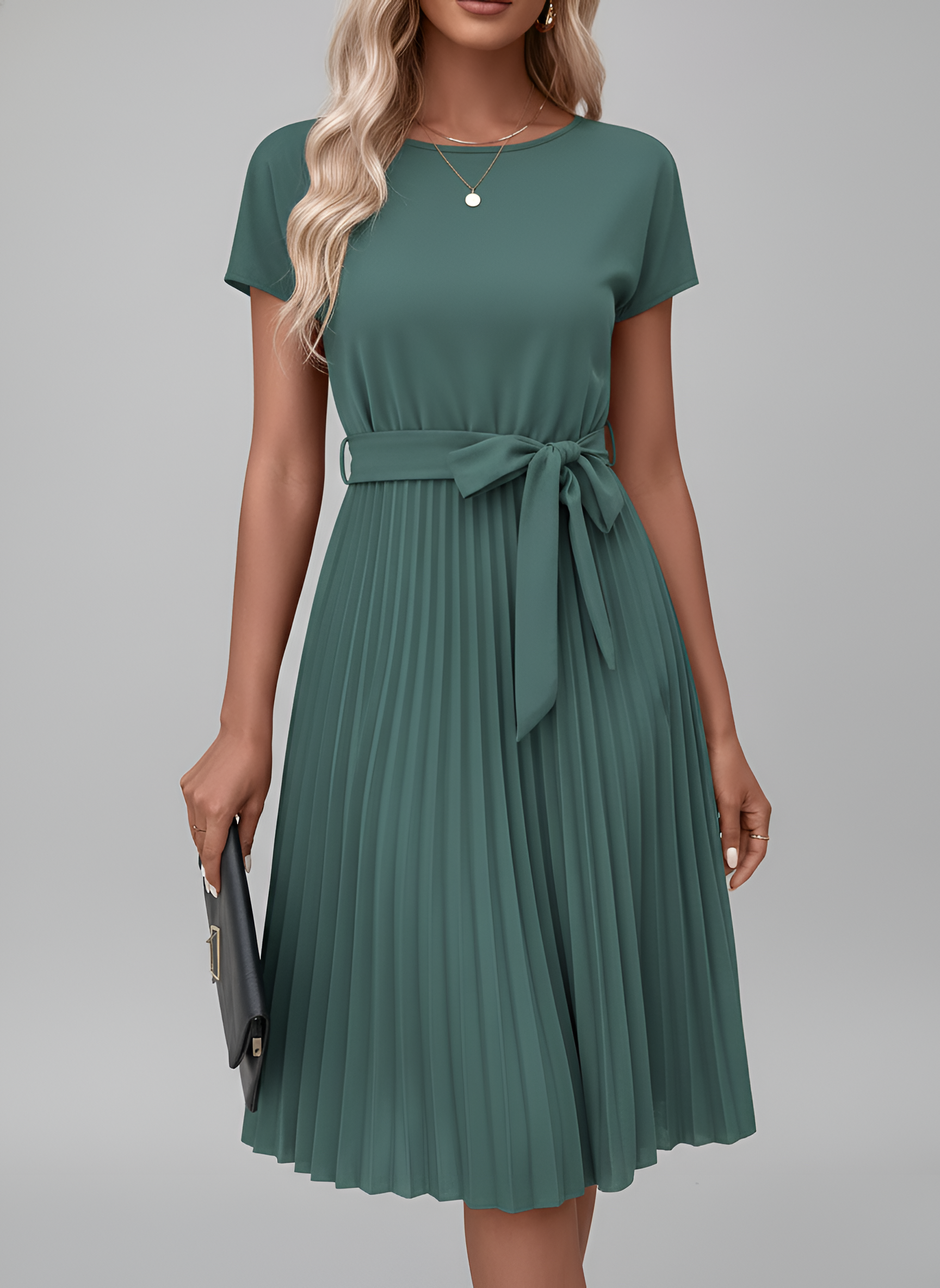 Vestido Midi de Gasa para Mujer con Cinturón y Falda Plisada de Manga Corta