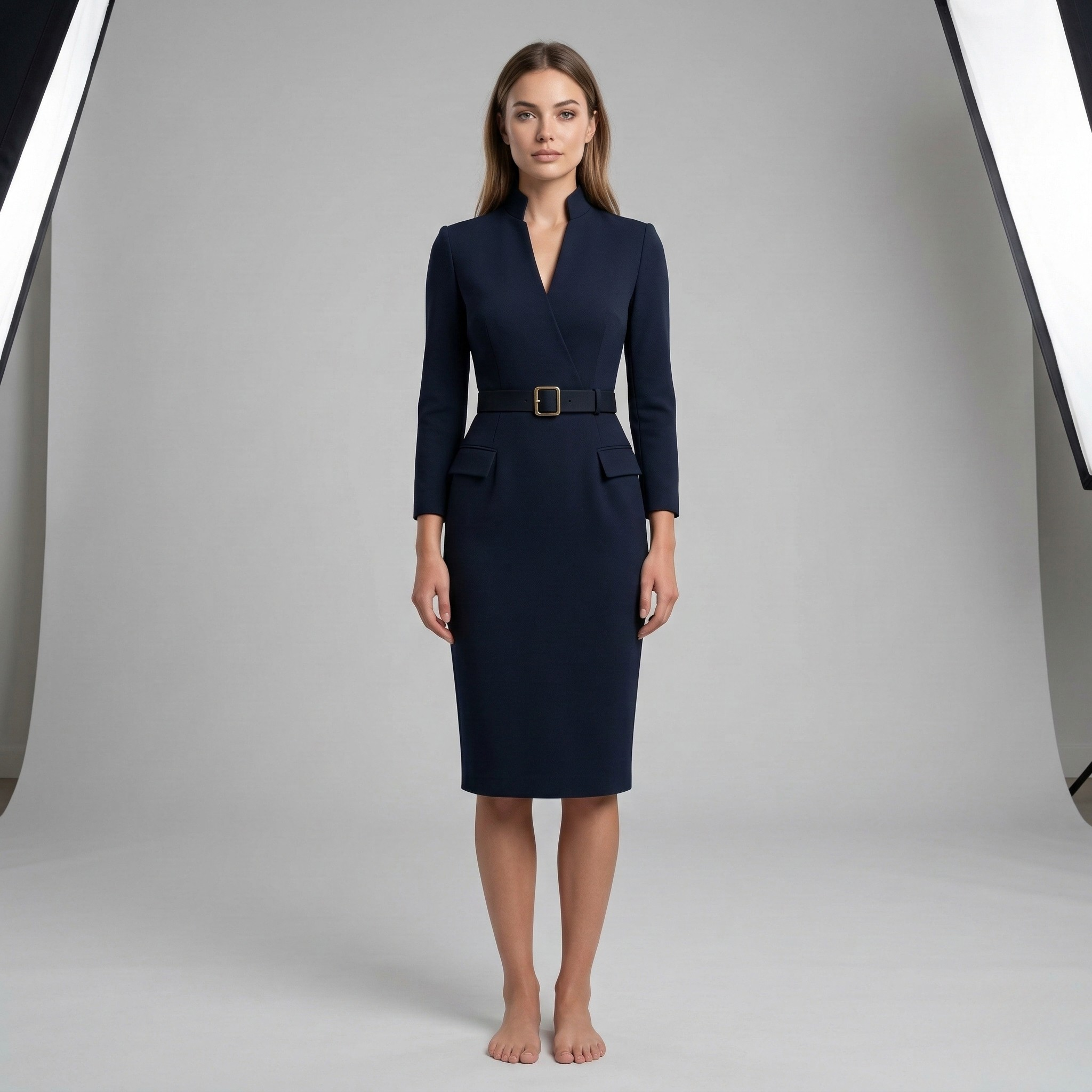 Vestido Midi de Corte Etui con Cuello Alto y Mangas 3/4 con Cinturón para Mujer