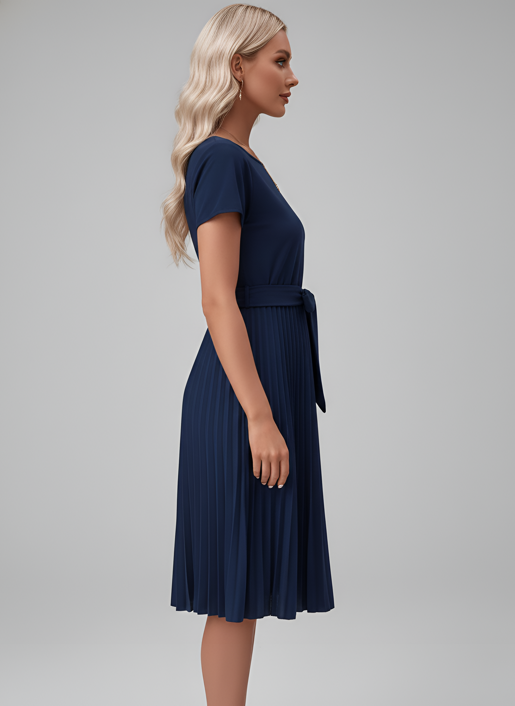 Vestido Midi de Gasa para Mujer con Cinturón y Falda Plisada de Manga Corta