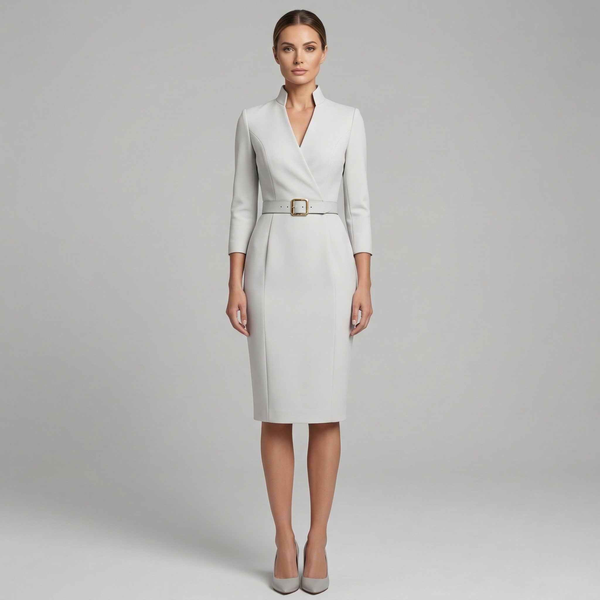 Vestido Midi de Corte Etui con Cuello Alto y Mangas 3/4 con Cinturón para Mujer