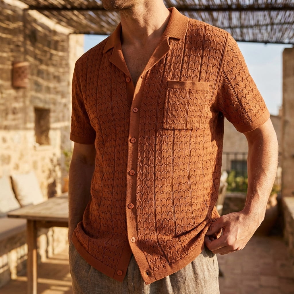 Polo de punto para hombre con patrón geométrico y bolsillo — vacaciones