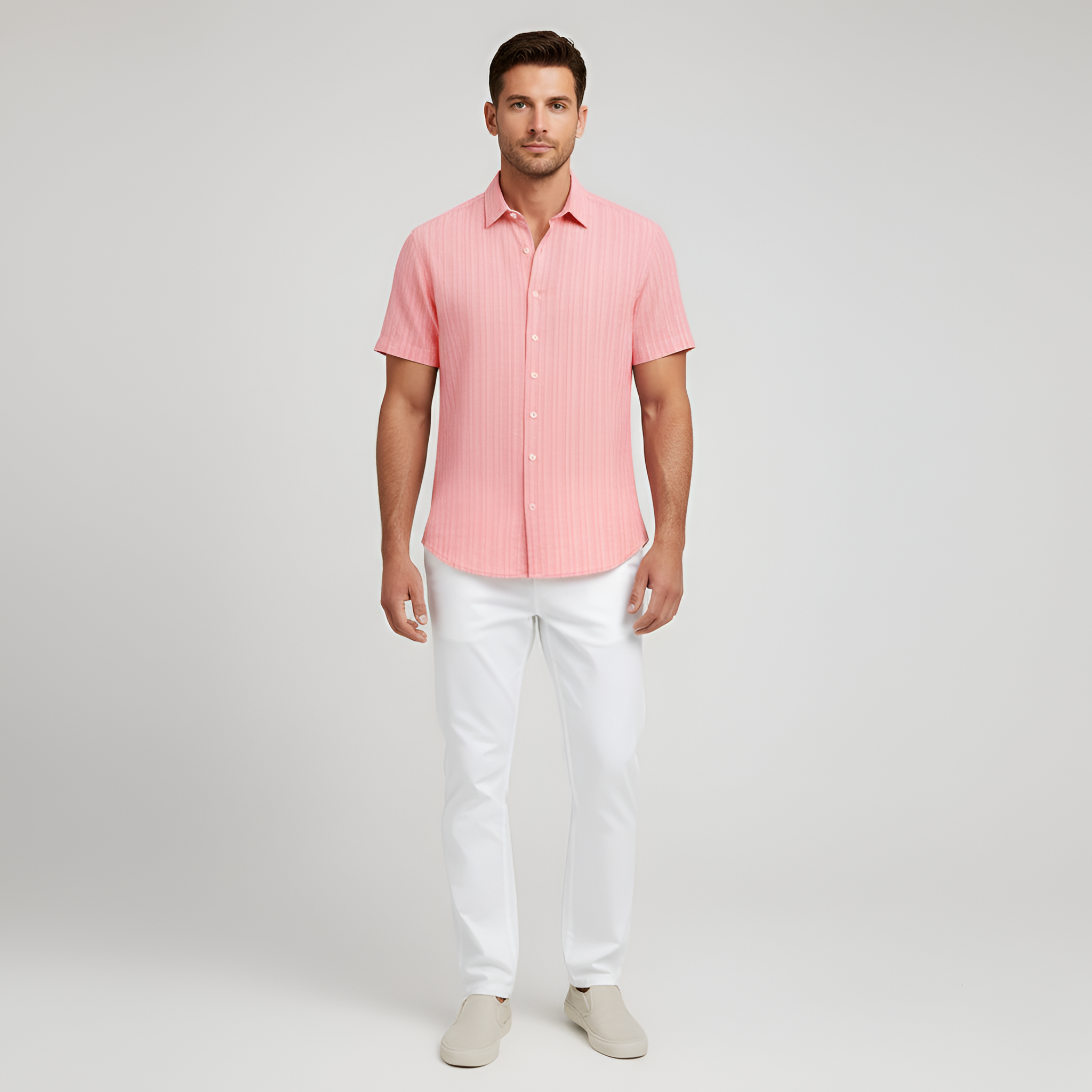 Camisa de Mezcla de Algodón para Hombre de Manga Corta con Cuello y Botones