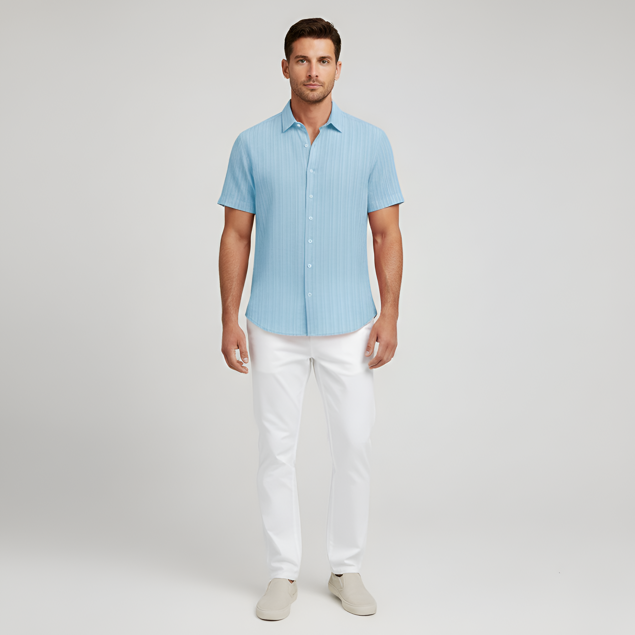 Camisa de Mezcla de Algodón para Hombre de Manga Corta con Cuello y Botones