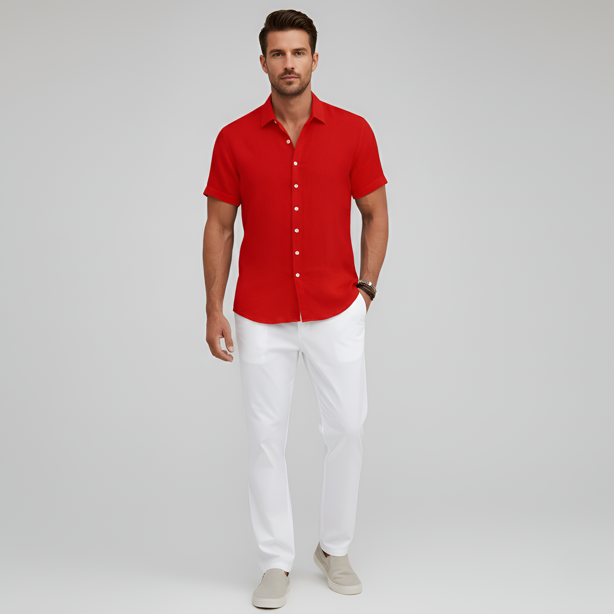 Camisa de Mezcla de Algodón para Hombre de Manga Corta con Cuello y Botones
