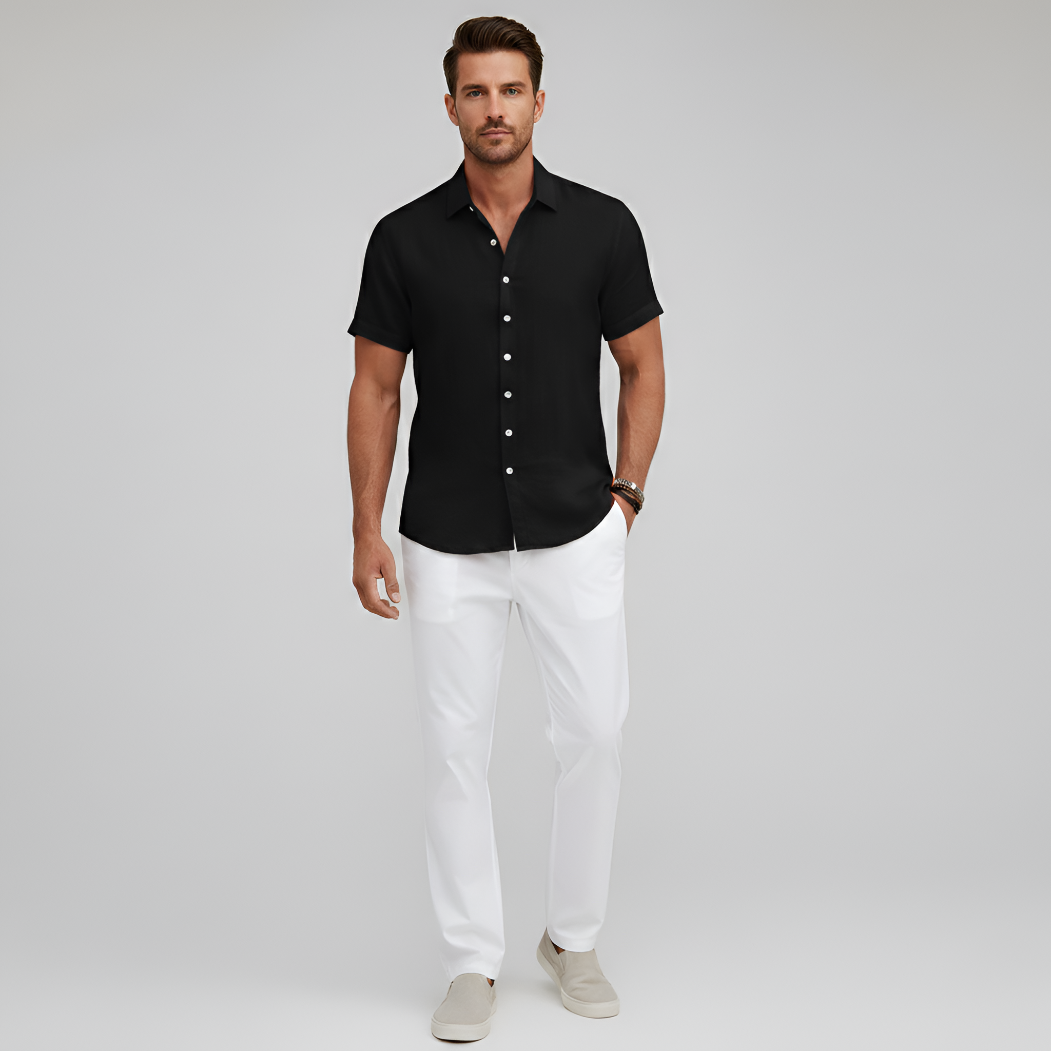 Camisa de Mezcla de Algodón para Hombre de Manga Corta con Cuello y Botones