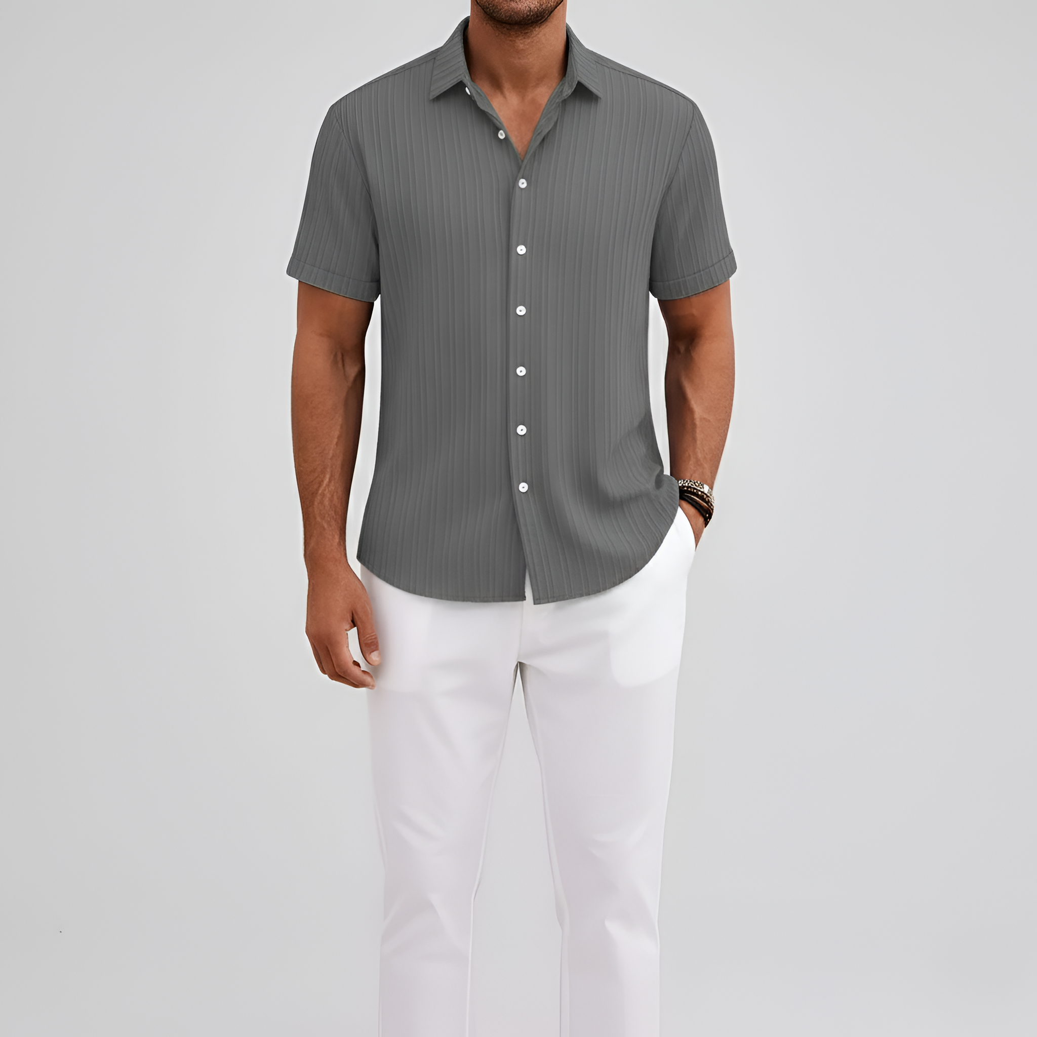 Camisa de Mezcla de Algodón para Hombre de Manga Corta con Cuello y Botones