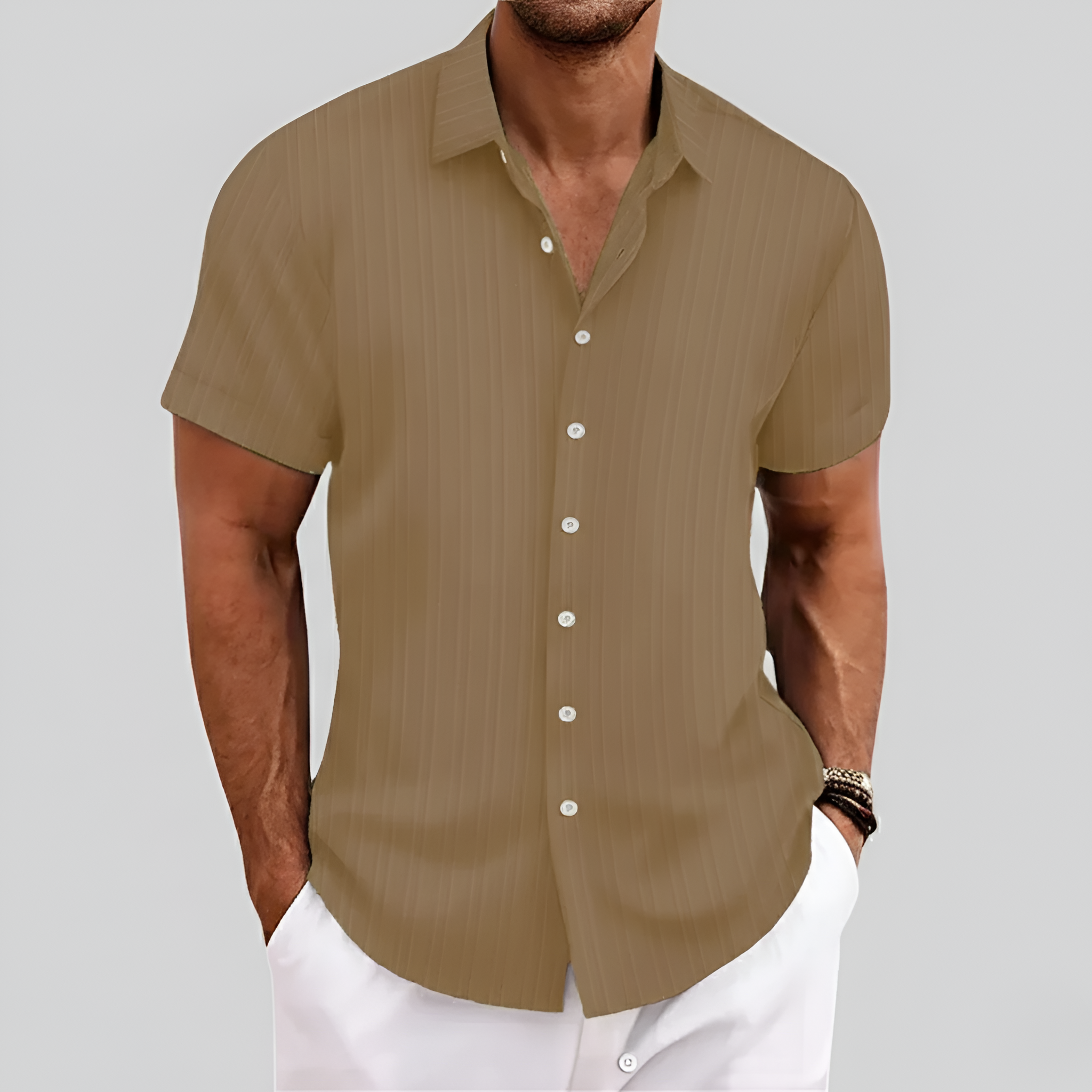 Camisa de Mezcla de Algodón para Hombre de Manga Corta con Cuello y Botones