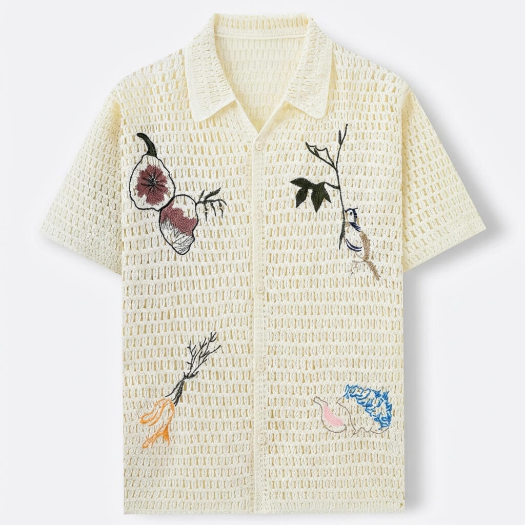 Polo de ganchillo hombre — bordado botánico — ropa de playa