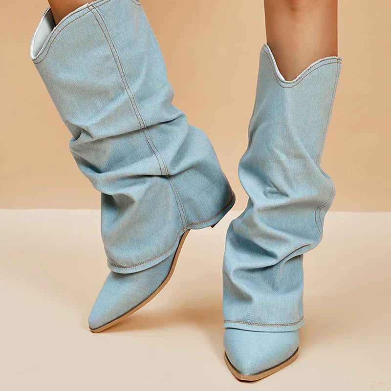 Botas de Mezclilla hasta la Rodilla para Mujer Punta Estrecha y Tacón Medio