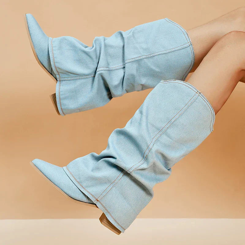 Botas de Mezclilla hasta la Rodilla para Mujer Punta Estrecha y Tacón Medio