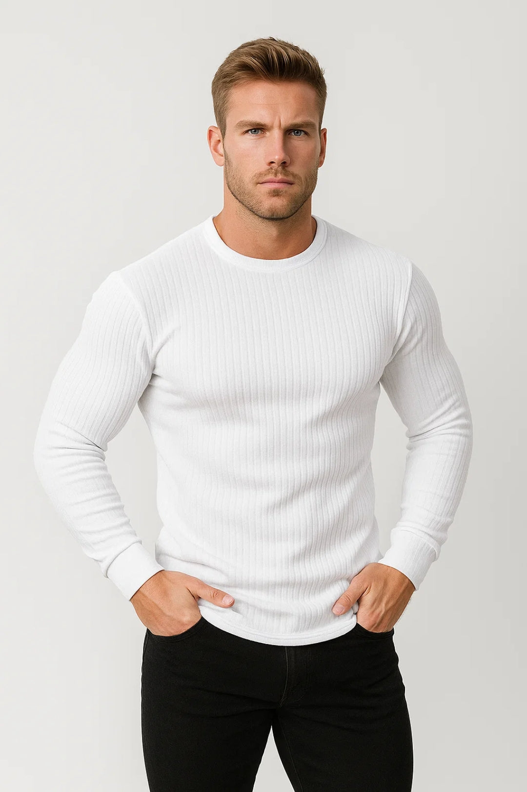 Camiseta deportiva de manga larga para hombre con cuello redondo y corte entallado