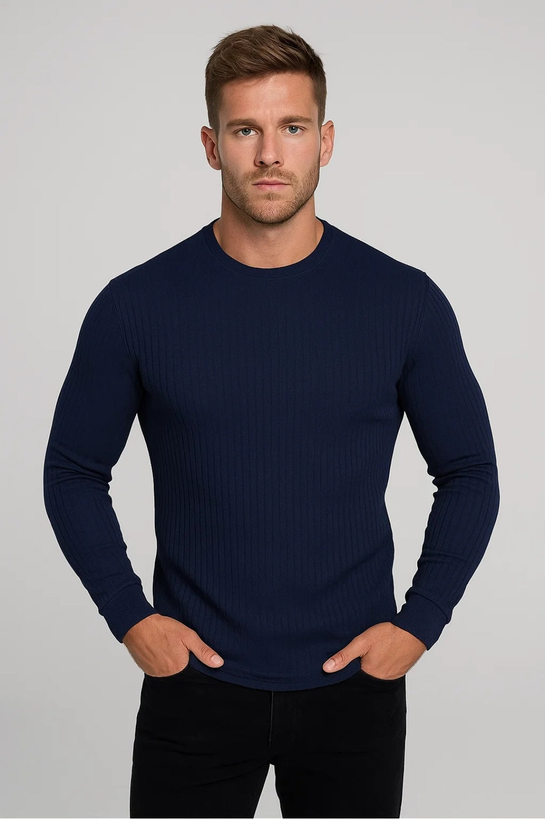 Camiseta deportiva de manga larga para hombre con cuello redondo y corte entallado
