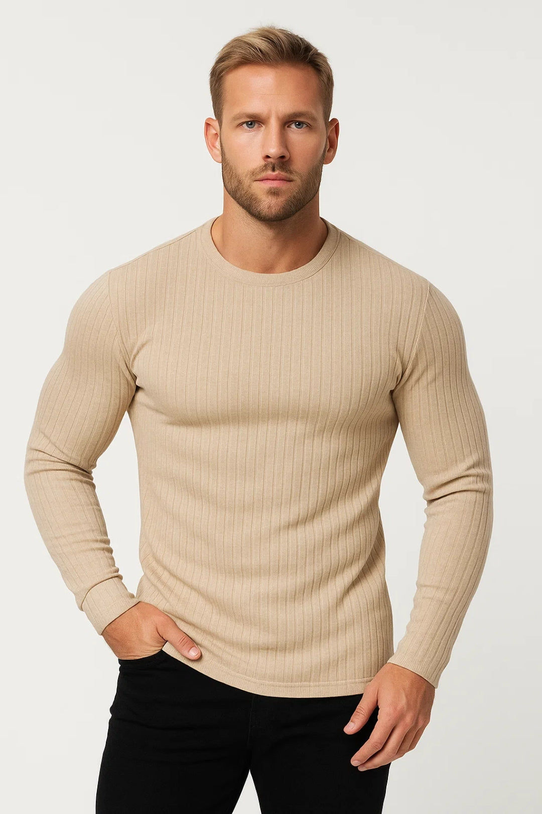 Camiseta deportiva de manga larga para hombre con cuello redondo y corte entallado