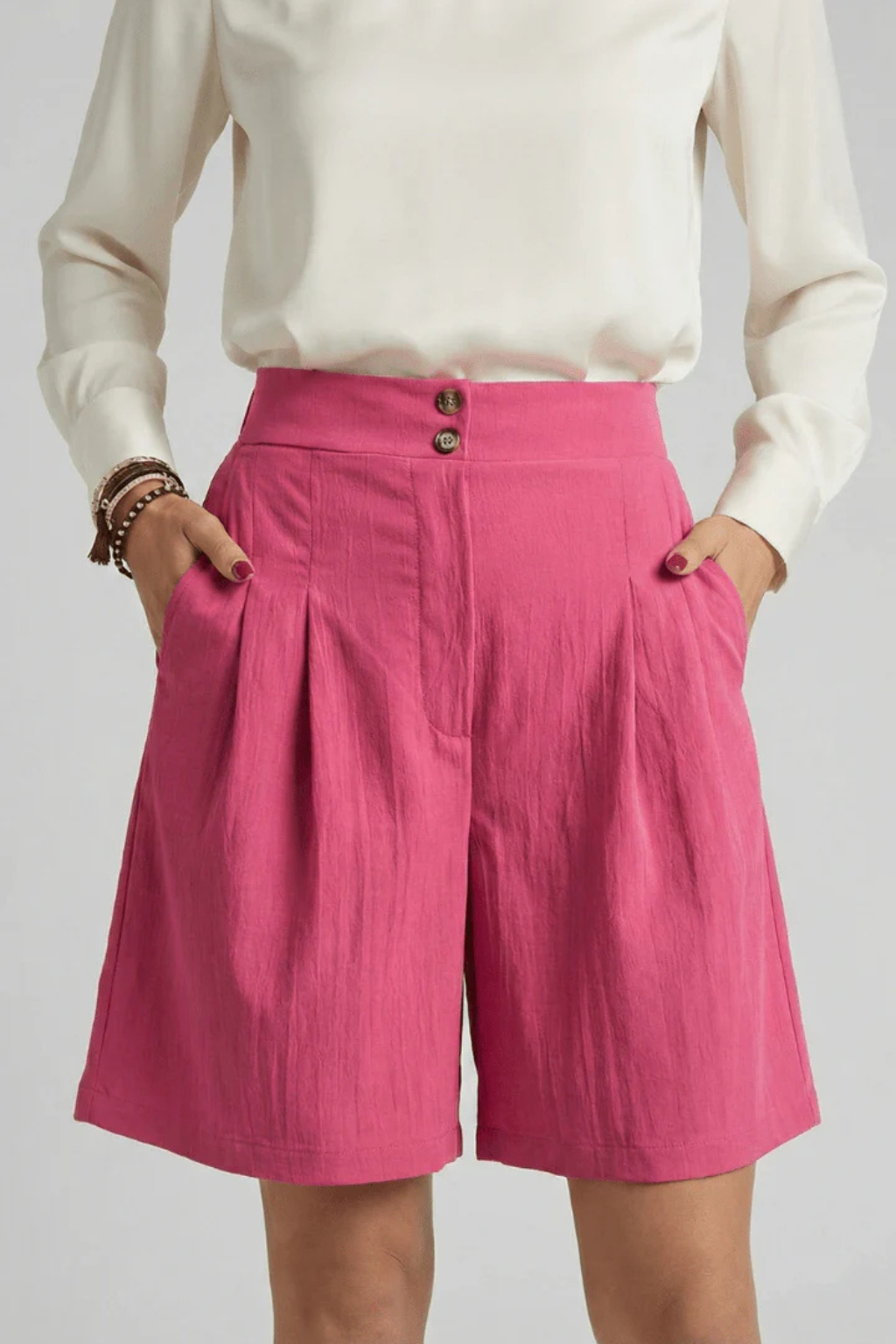 Pantalones Cortos Bermuda de Talle Alto con Pinzas y Corte Sartorial para Mujer