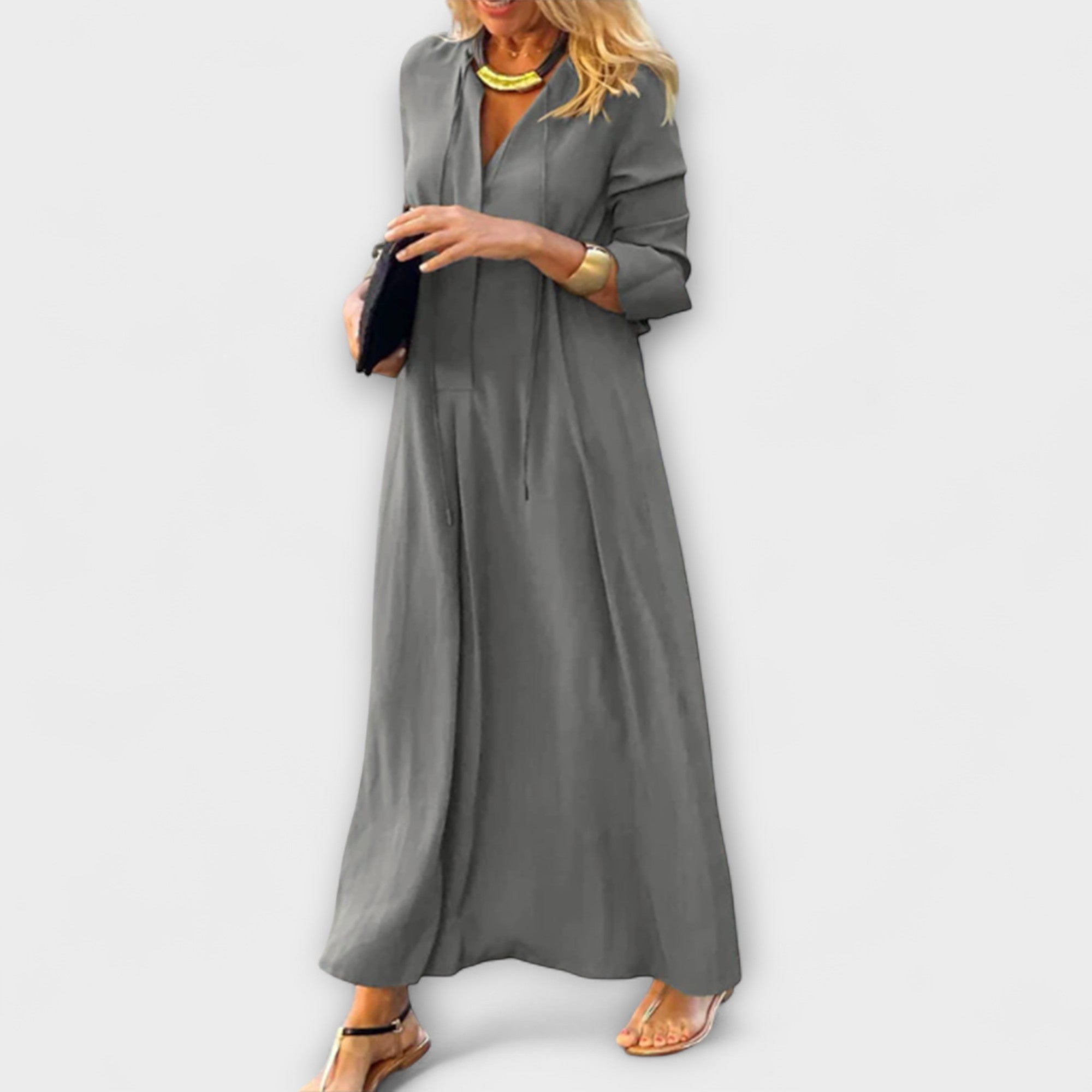 Vestido Largo de Algodón con Cuello en V y Ajuste Holgado para Mujer