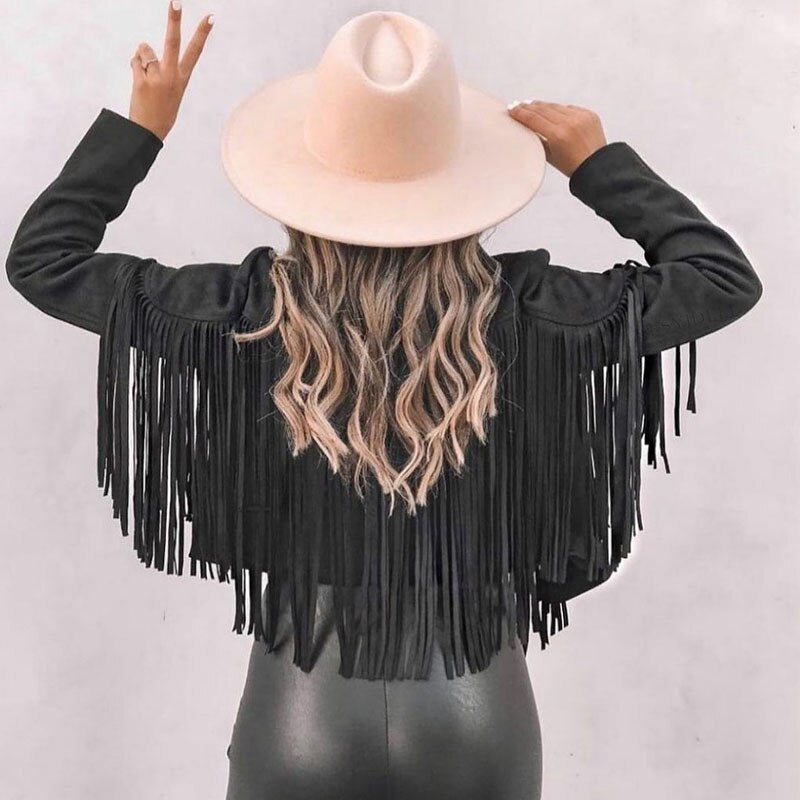 Semišová bunda s třásněmi ve western stylu a krátkým střihem pro ženy