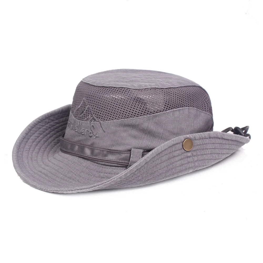Unisex bavlněný klobouk typu bucket s prodyšnou síťovinou na cestování