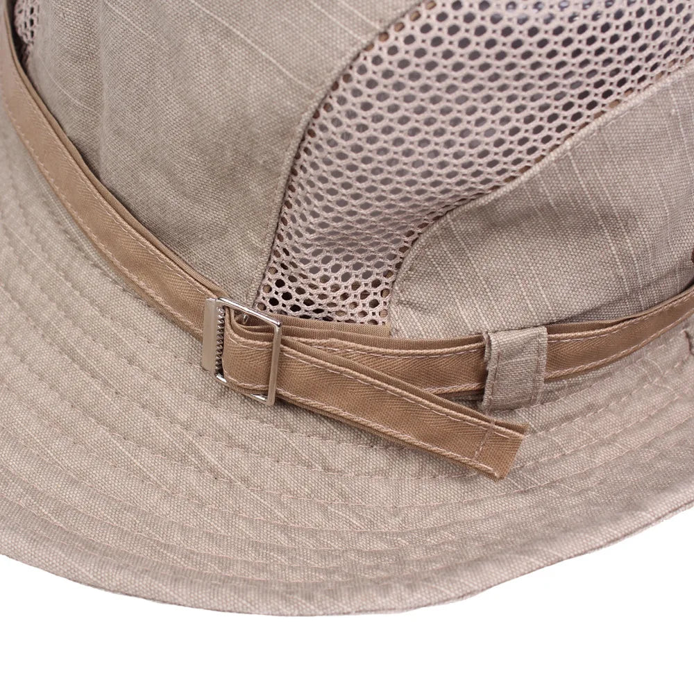 Unisex bavlněný klobouk typu bucket s prodyšnou síťovinou na cestování