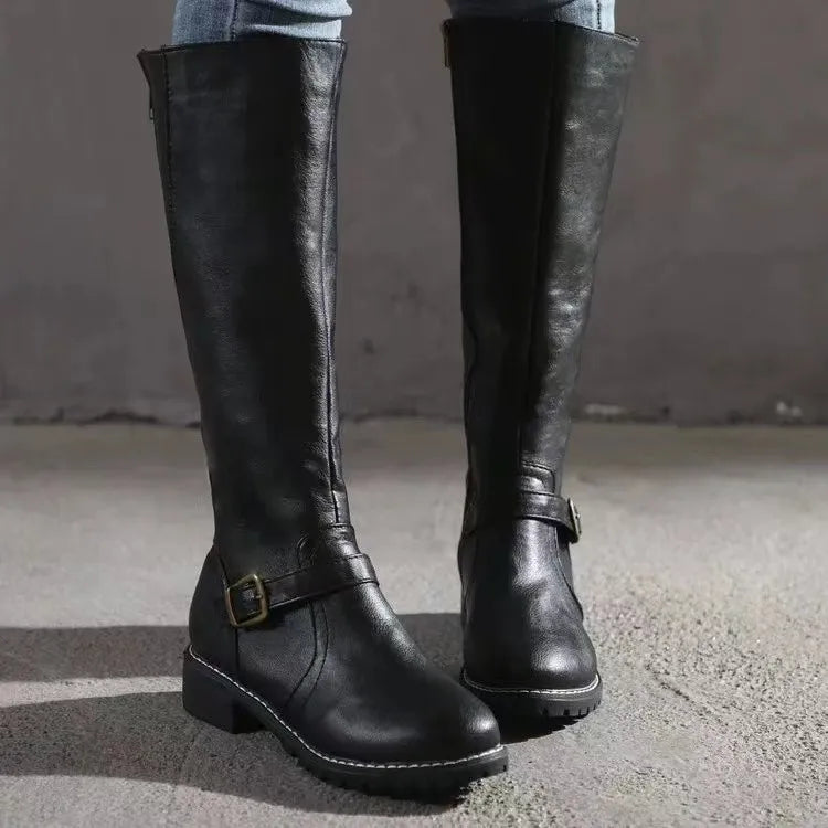 Botas Altas de Cuero para Mujer con Hebilla y Cremallera Lateral