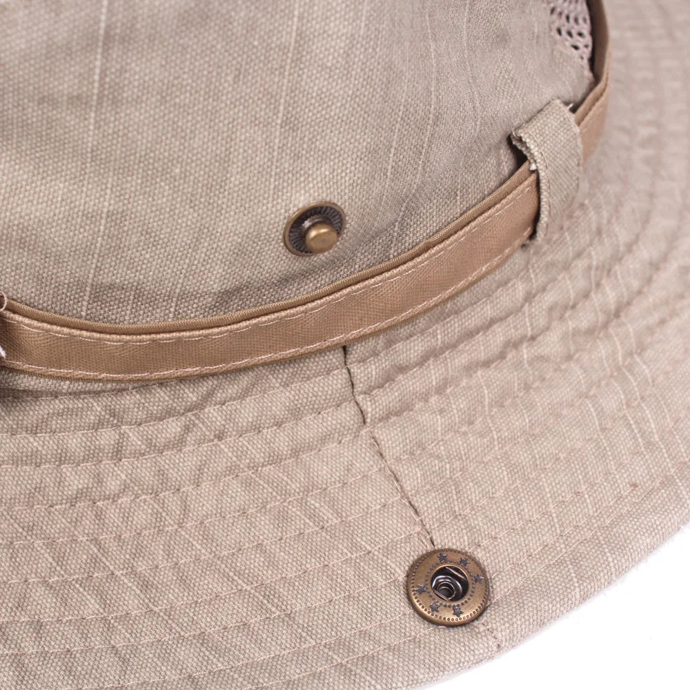 Unisex bavlněný klobouk typu bucket s prodyšnou síťovinou na cestování