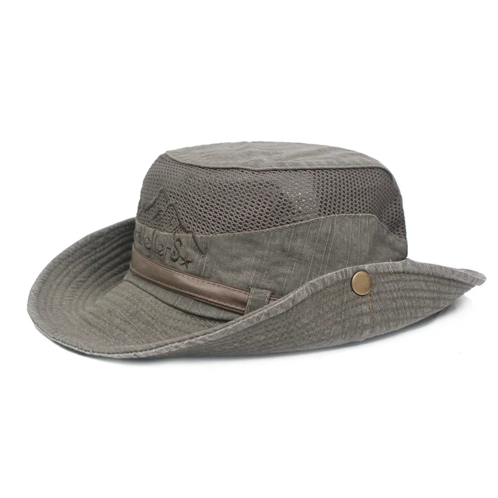 Unisex bavlněný klobouk typu bucket s prodyšnou síťovinou na cestování