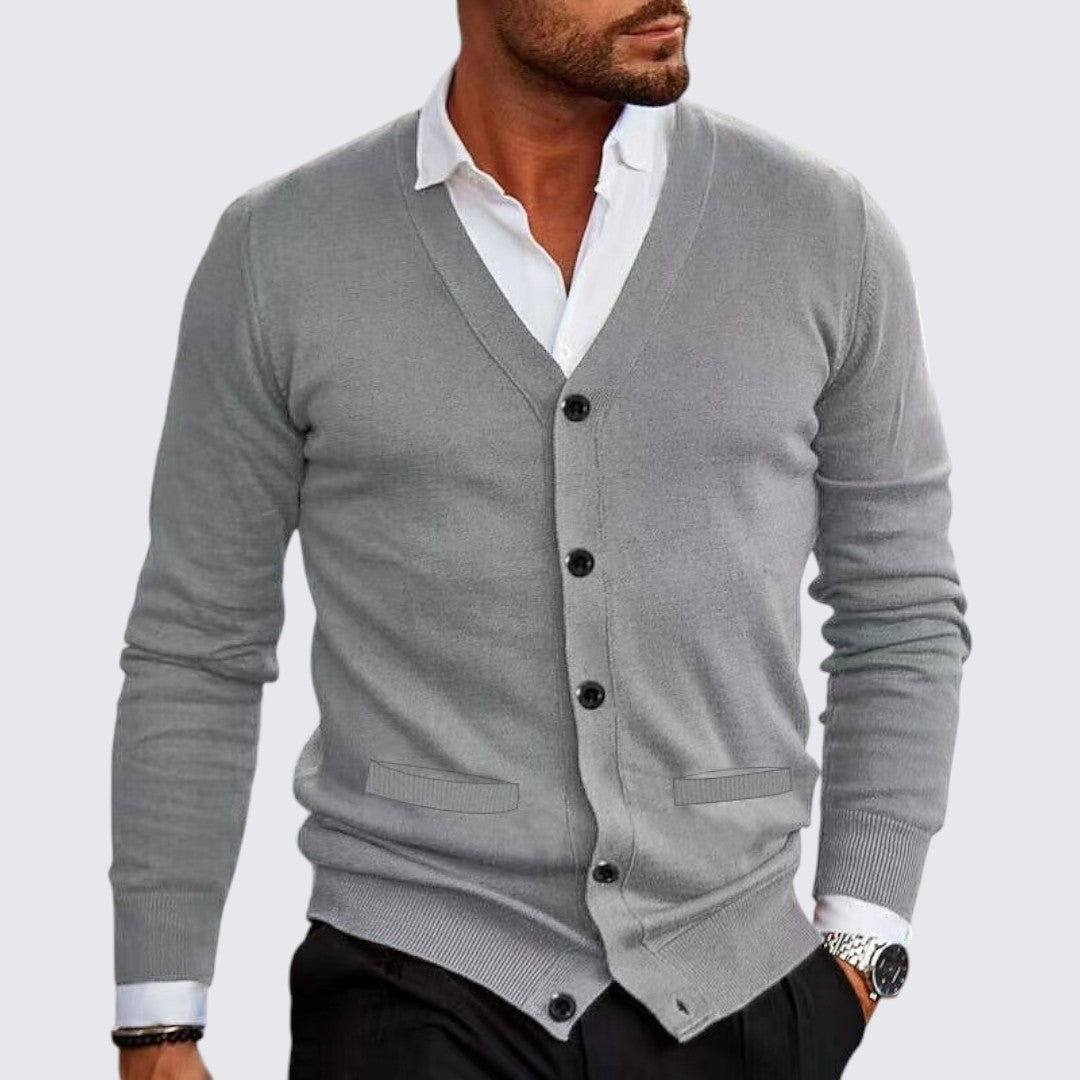 Chaqueta de punto para hombre con cuello en V y cierre de botones corte entallado