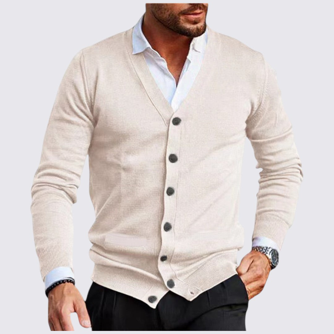 Chaqueta de punto para hombre con cuello en V y cierre de botones corte entallado