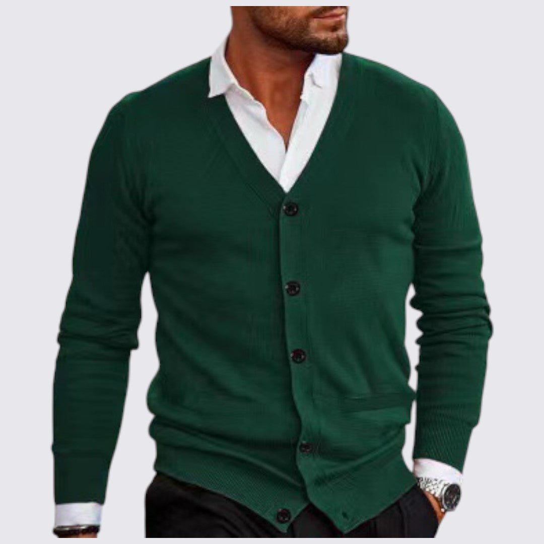Chaqueta de punto para hombre con cuello en V y cierre de botones corte entallado