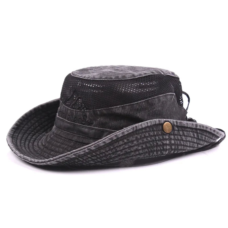 Unisex bavlněný klobouk typu bucket s prodyšnou síťovinou na cestování
