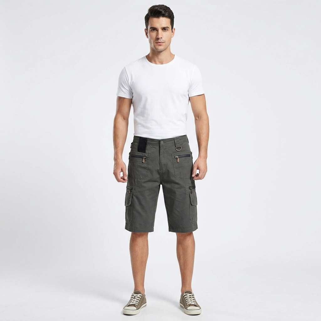 Bermudas Cargo para Hombre con Bolsillos de Cremallera y Anilla Metálica